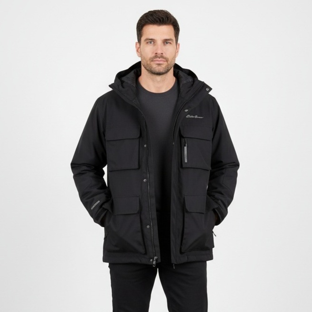 Eddie Bauer Men's All-Mountain Cargo Jacket Large Black Hooded WeatherEdge  r‎